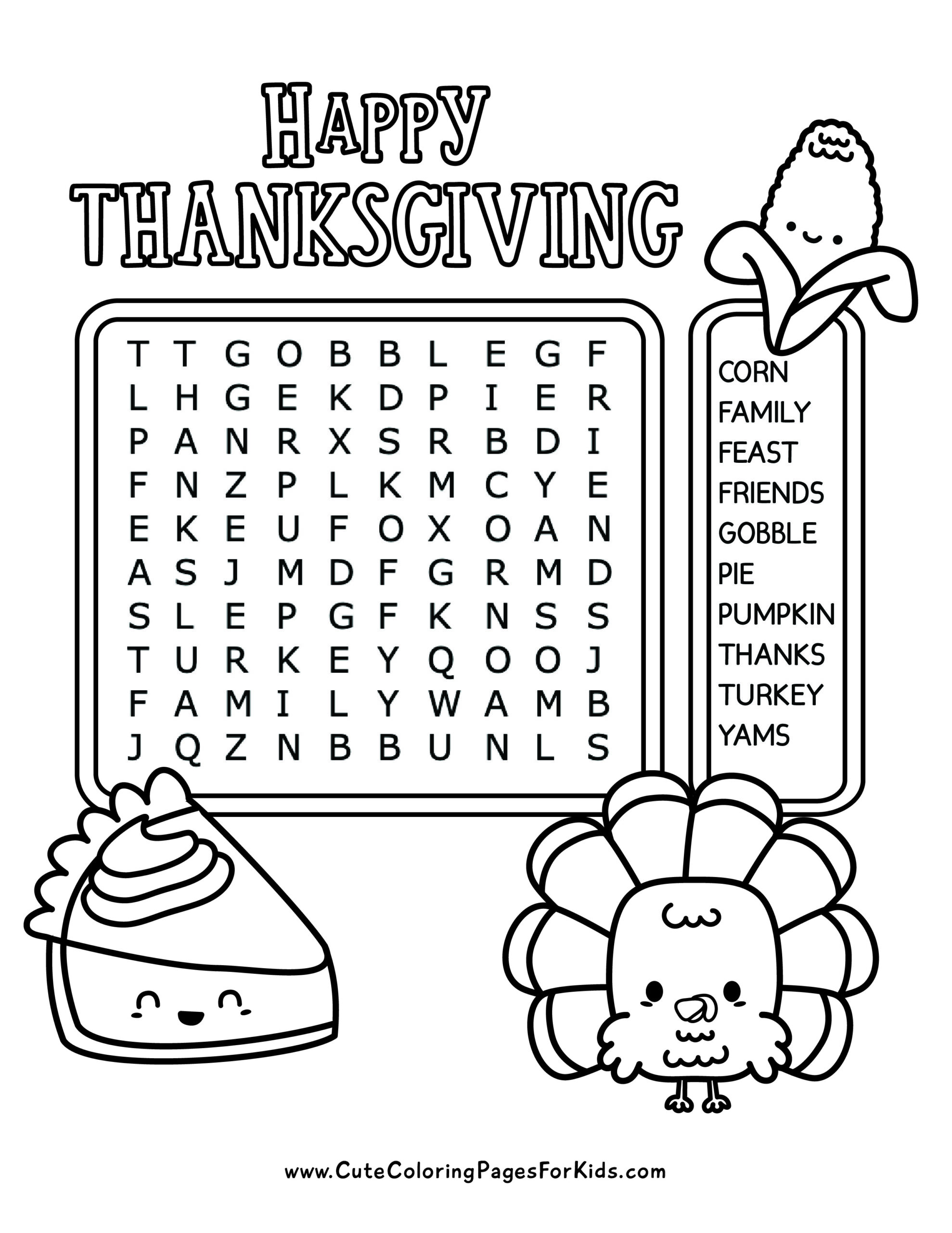 thanksgiving word search - cute coloring pages for kids